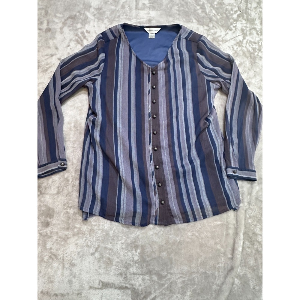 Christopher & Banks Striped Blouse Womens M Navy Blue Brown Lined V-Neck Top